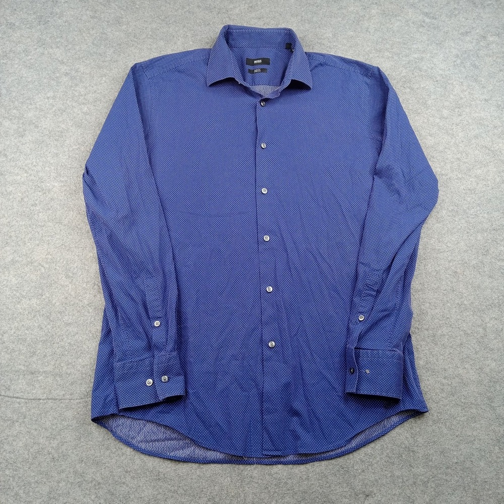 HUGO BOSS Shirt Mens 41/16 Polka Dot Slim Fit Stretch Button Front Blue LS